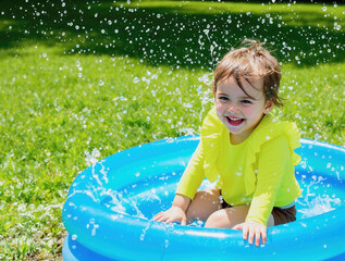 A little girl is sitting in a blue pool