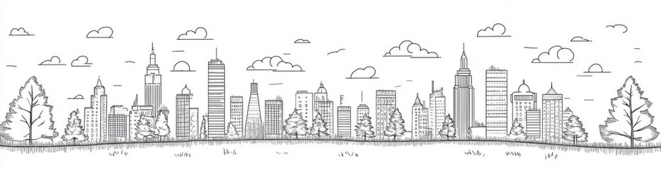 Fototapeta premium A single, unbroken line drawing of a city's silhouette presents a panoramic view featuring the outlines of skyscrapers in a minimalist style