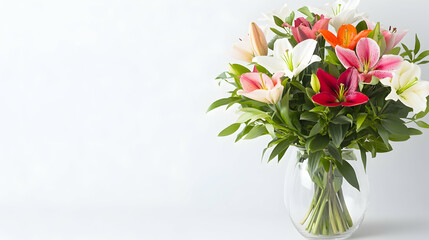Colorful Lily Bouquet in Vase on Light Background