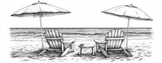 A single continuous line drawing depicts a beach sunbed with an umbrella and chair, ideal for holiday, summer, and vacation themes. Each line is editable