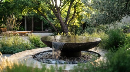 Fototapeta premium A tranquil garden scene featuring a large, dark stone fountain with water cascading into a circular pool, surrounded by lush greenery and a wooden bench.