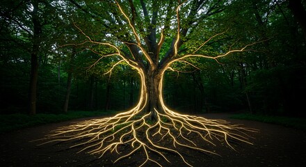 Glowing Tree Roots and Branches in Mystical Dark Forest Scene