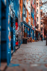 Naklejka premium Vibrant street art colors a narrow alleyway. A captivating urban scene.
