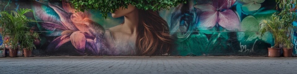 Fototapeta premium Vibrant mural of a woman's face, partially obscured by plants. Teal, purple, and pink tones.