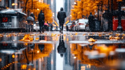 A person walks through a rainy city street in autumn.