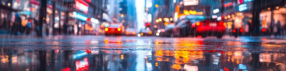 Rainy city night, blurred lights reflect in puddles.