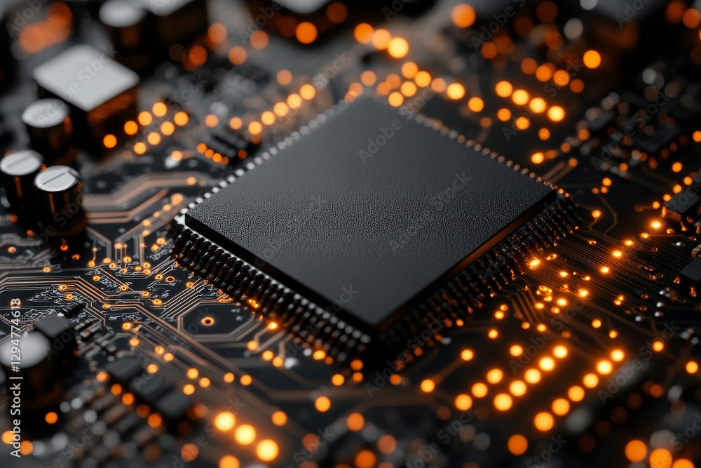 Poster a detailed 3d image of a computer chip, emitting light from its circuits, symbolizing ai technology,