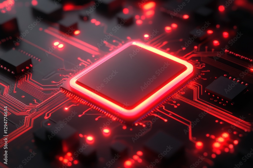 Poster an intricate 3d depiction of a computer chip with illuminated circuits, highlighting artificial inte