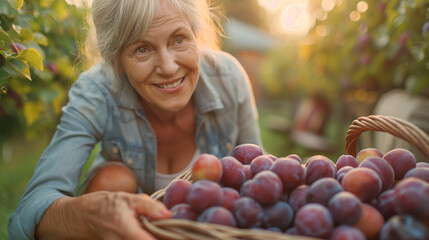 Woman with a basket of plums in an orchard.