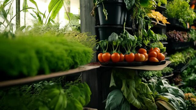 Explore a vibrant indoor garden showcasing diverse plants and fresh produce in a well-organized space for urban gardening enthusiasts