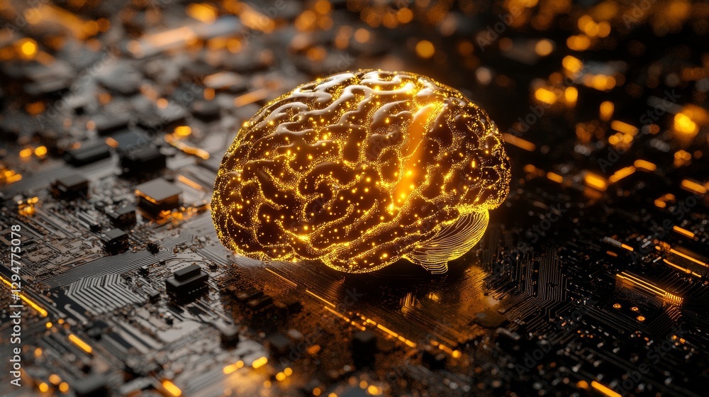 Poster an illustration of a digital brain symbolizing artificial intelligence technology, featuring a data 