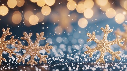 Christmas greeting card with golden snowflakes decoration on sparkling blue background with warm lights and bokeh effect