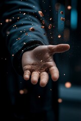 Spiritual healing master. A person's hand catches shimmering, copper-toned dust, creating a magical effect.
