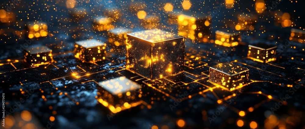 Poster an intricate 3d depiction of linked circuits and nodes, emphasizing artificial intelligence technolo