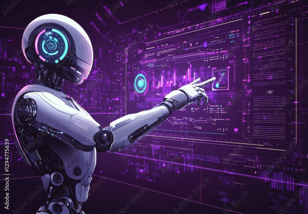 Poster futuristic robotic hand interacting with digital holographic user interface