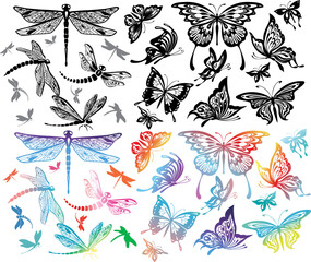 Fototapeta premium Colored and black and white decorative butterflies and dragonflies
