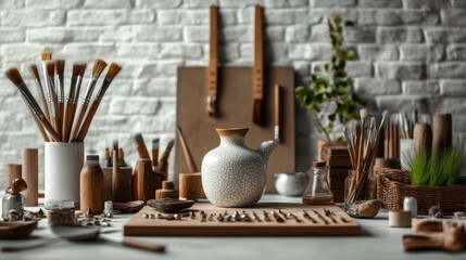 Obraz premium Artist's workspace with paintbrushes, tools, and a ceramic vase.