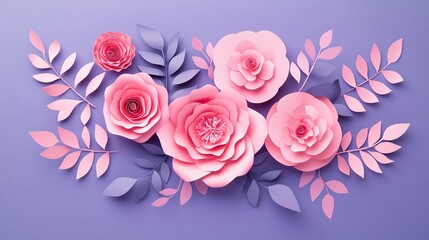 Beautiful pink paper flowers and leaves arranged on a purple background creating a vibrant and celebratory atmosphere