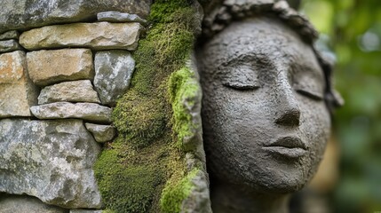 Obraz premium A stone sculpture of a woman's face with closed eyes and a serene expression.