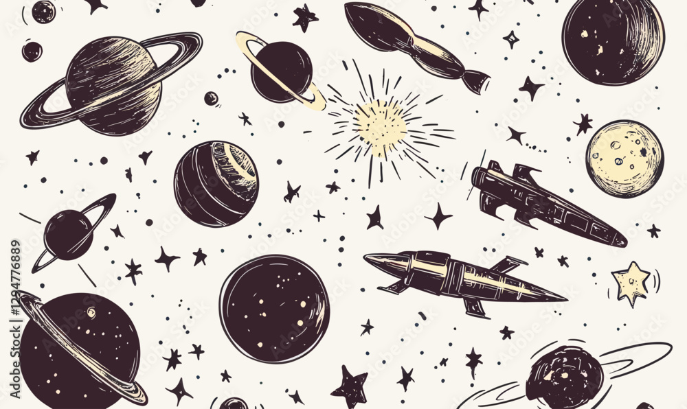 Poster minimalist space sketch with abstract planets, comets, and spaceships vector art