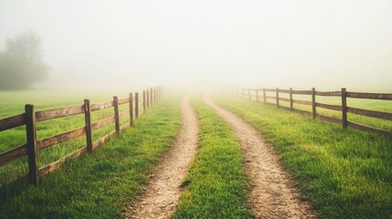 Fototapeta premium Misty rural landscape with winding dirt road through countryside for tranquil design