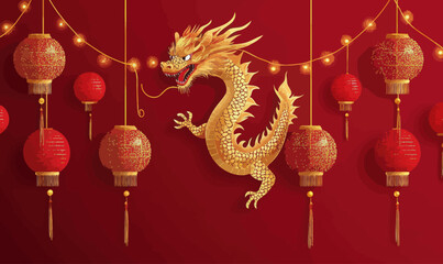 Fototapeta premium Vibrant Chinese New Year 2024 Dragon with Lanterns and Gold Sequins Vector