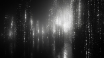 A bright, abstract background featuring white stars, with a backdrop of endless silver rain. Snow sparks resembling winter stand out against a black background. Fashionable and beautiful sci-fi