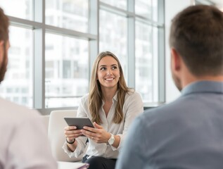 Obraz premium A woman is sitting in front of two men