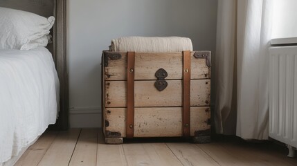 A wooden chest with a leather strap and metal latch sits on a wooden floor.