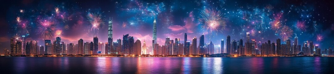 City Skyline at Night with Vibrant Fireworks and a Beautiful Display. Generative AI