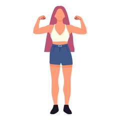 A woman with long pink hair and blue shorts is flexing her muscles. She is standing in front of a white background
