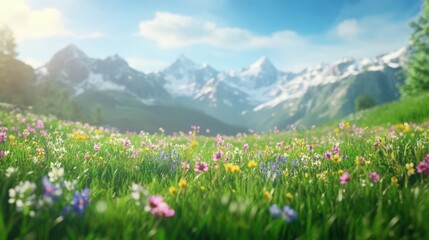 Obraz premium Vivid field of wildflowers in a lush mountain valley, with dramatic peaks in the distance and illuminated by bright sunlight,