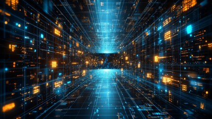 A retro neon blue 3D background with an abstract design, including laser lines and light flashes. It follows a synthwave grid video game style, ideal for VJ futuristic sci-fi themes from the 80s,