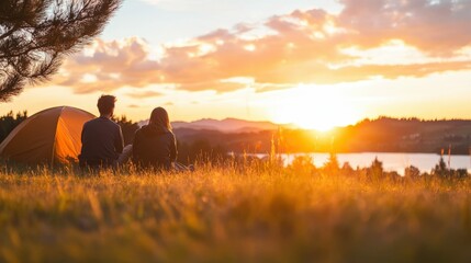 Romantic couple enjoying sunrise at campsite with cozy socks