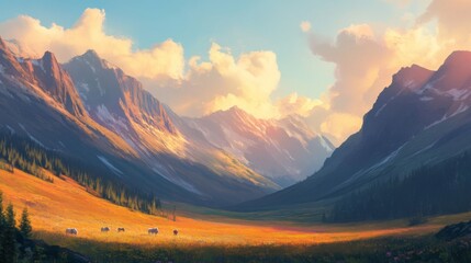 Majestic Mountain Valley Sunset Landscape with Grazing Cows