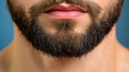 Obraz premium A detailed view of a man's beard showcases its grooming and style against a solid blue backdrop. The facial hair is thick and well-maintained, emphasizing personal care
