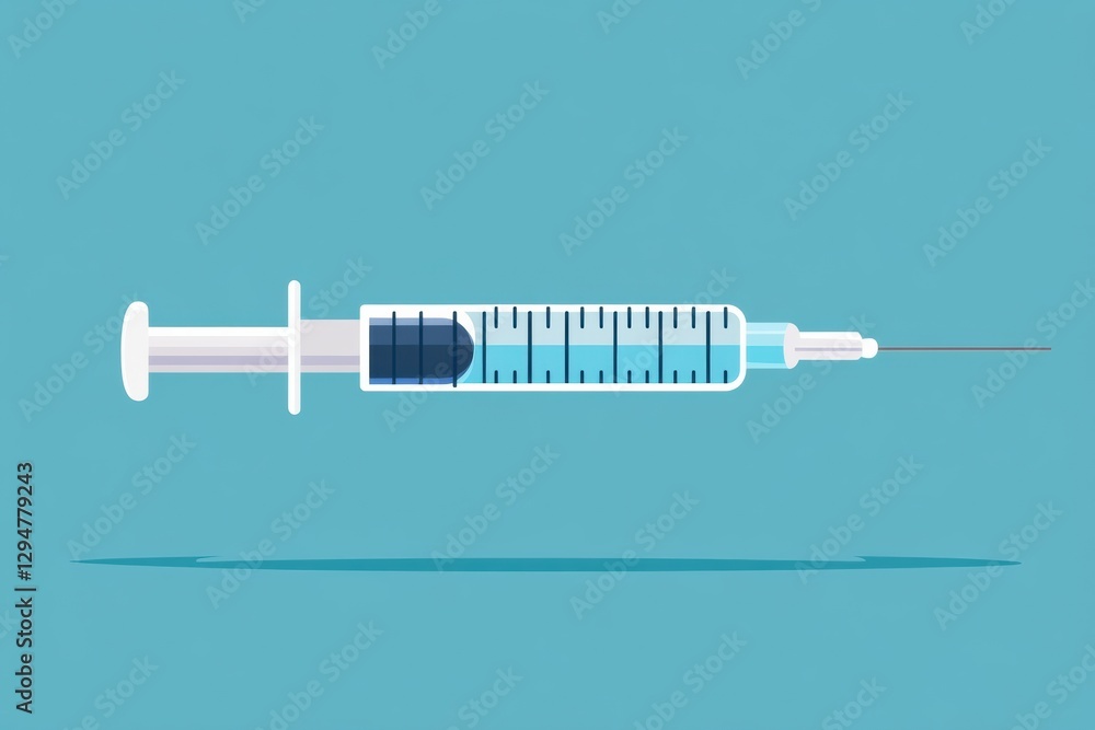 Poster syringe filled with liquid on a simple blue background with clear markings for dosage measurement. g