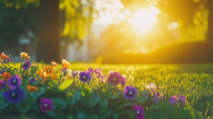 Obraz premium Vibrant flower bed with colorful pansies in sunlit garden setting