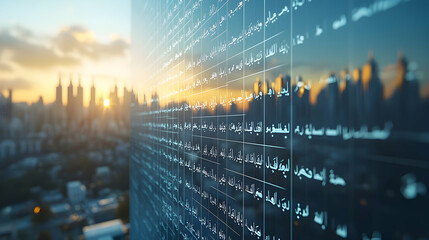 Digital Arabic text wall in city at sunset