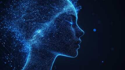 A futuristic AI robot with a circuit board brain, embodying abstract glowing innovation, set against an IT connections science presentation background with an empty space.