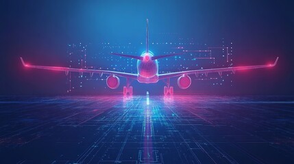 State-of-the-art plane in a future digital metropolis. Airplane travel, depicted with a sky background