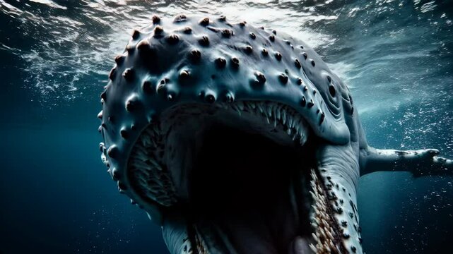 Witness a humpback whale engaging in feeding behavior, showcasing its massive open mouth as it travels through the ocean depths. This incredible moment captures marine life in action