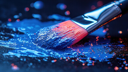 Fototapeta premium Close-up view of a brush immersed in fluorescent paint with dripping bristles and glowing textures against a dark background