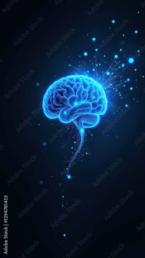 Poster digital illustration featuring a human brain with particles emanating from it, symbolizing artificia