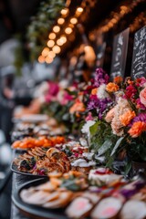 Fototapeta premium Delicious food spread at a catered event, adorned with vibrant floral arrangements.