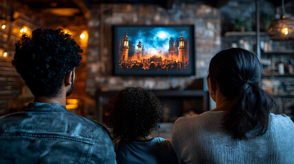 Obraz premium Family watching TV movie in cozy living room