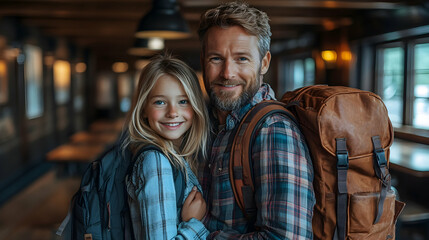 Obraz premium Father & Daughter Embrace, Hiking Trip, Cozy Lodge