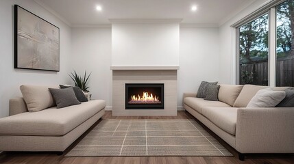 Fototapeta premium Cozy Urban Living Room with Modern Fireplace and Natural Light, A cozy room with a fireplace concept.