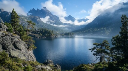 Obraz premium Serene mountain lake with mist, reflecting sunlight, surrounded by pine trees and rocky shores.