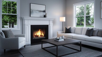 Cozy and Tranquil Living Room with a Classic Fireplace Setting, A cozy room with a fireplace concept.